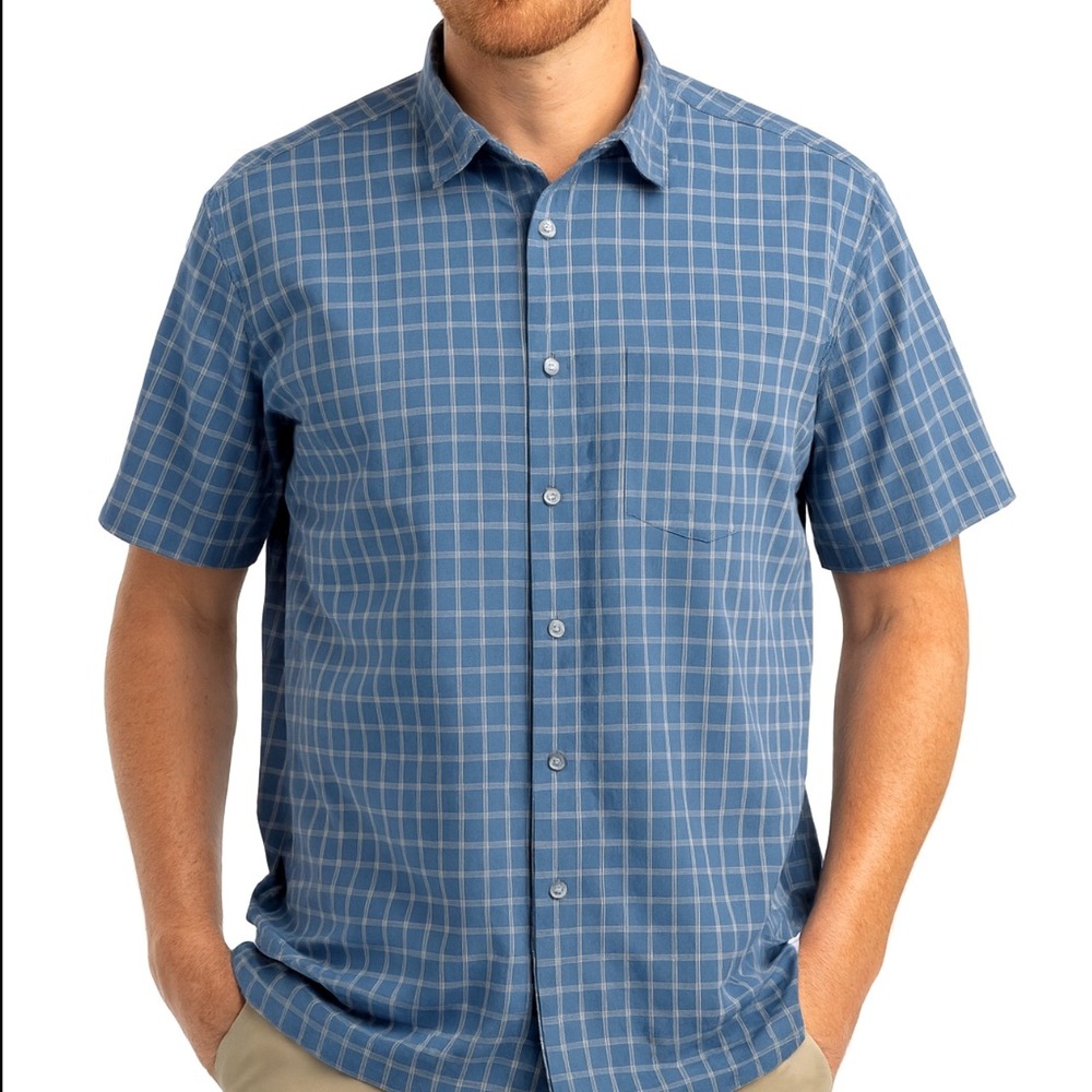 REI Hiking Shirt Men's XL Blue Check‎ Plaid Cotton Short Sleeve Button Up READ